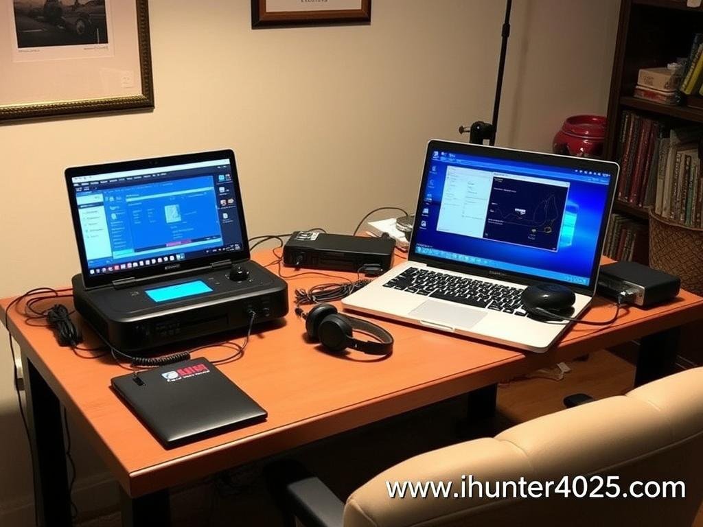 Metatron Hunter 4025 NLS home setup showing device, laptop, and accessories