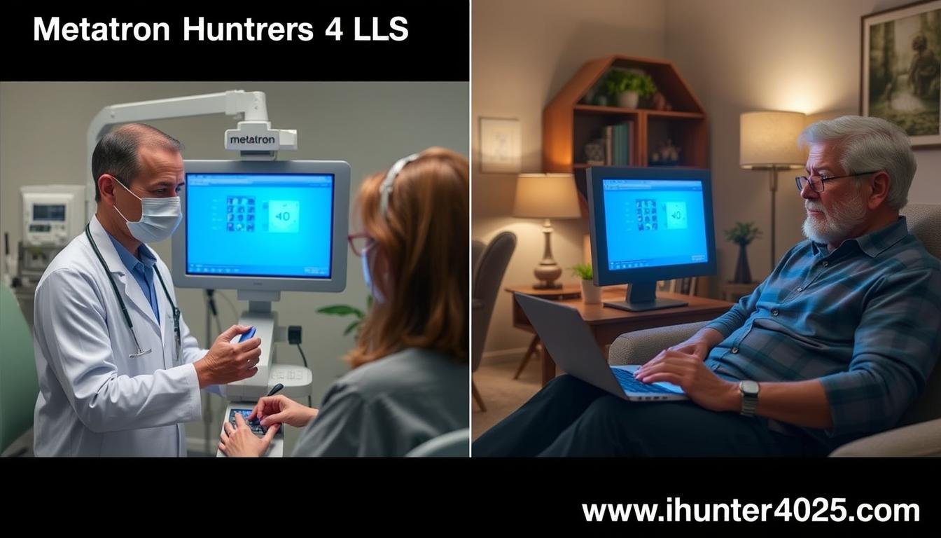 Split image comparing Metatron Hunter 4025 NLS in clinical vs home environment