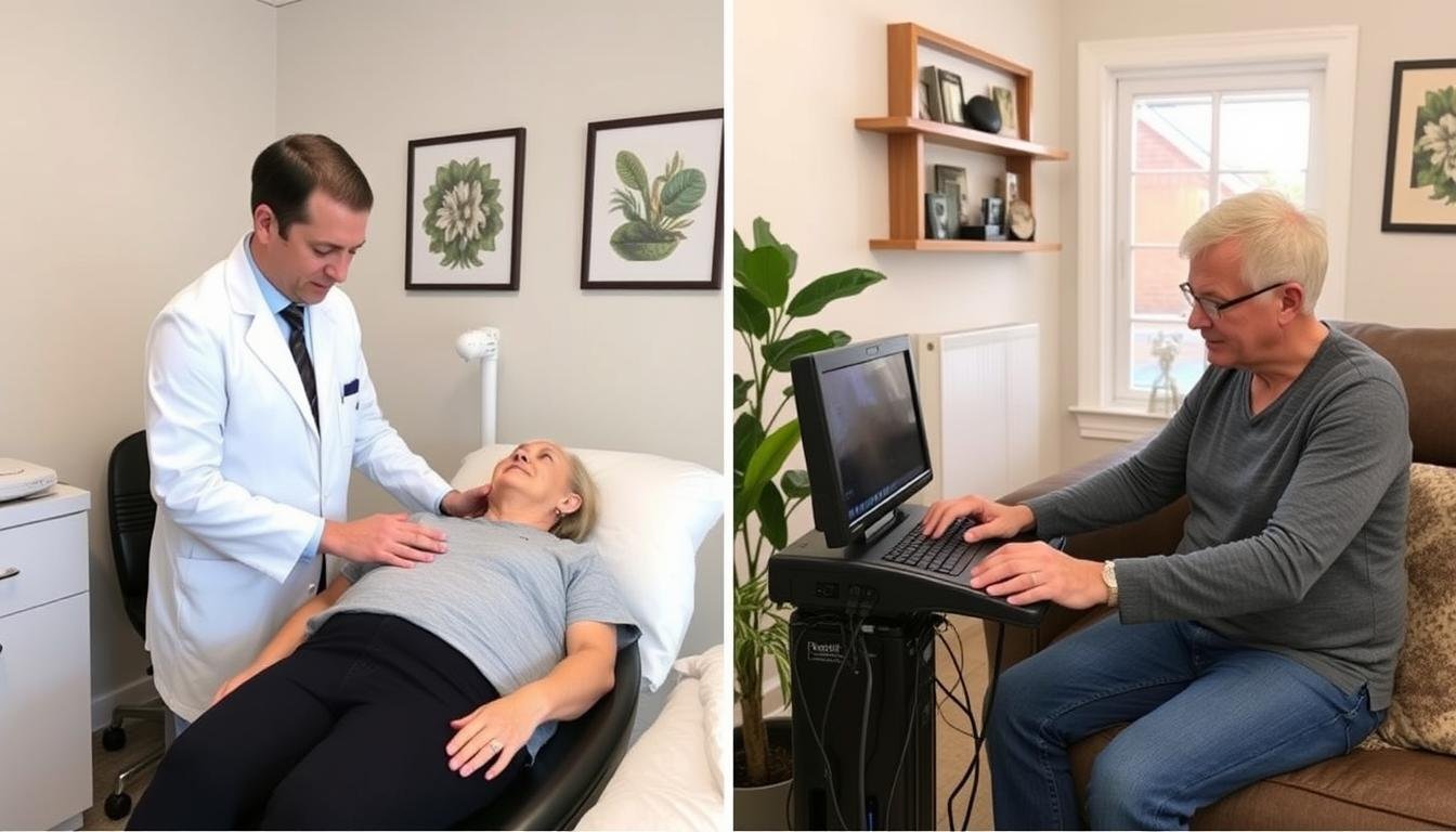 Split image showing professional clinic use and home use of Metatron Hunter 4025 NLS