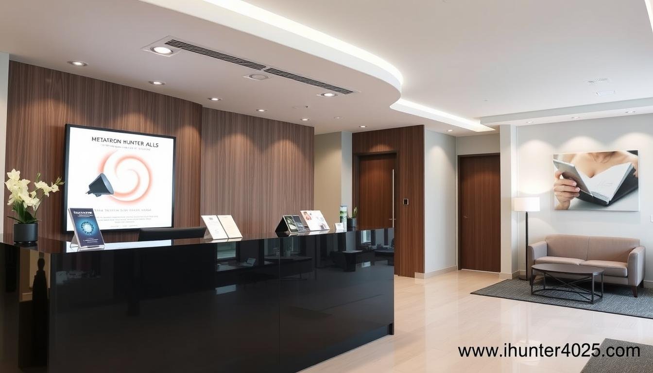 Wellness clinic reception area featuring Metatron Hunter 4025 NLS promotional materials