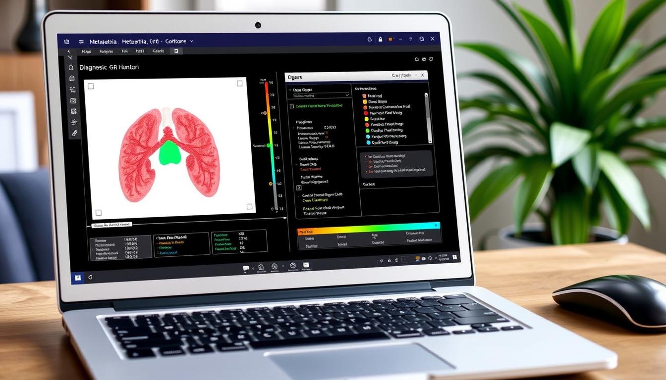 Metapathia GR Hunter software interface showing diagnostic screen with 3D organ model