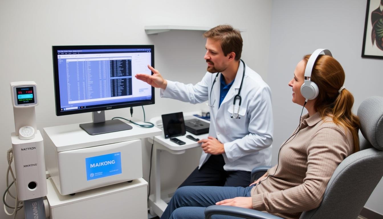 Practitioner using Metatron Hunter 4025 NLS system with a client