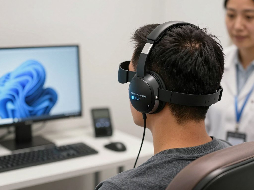 Client wearing Metatron Hunter 4025 NLS headset during assessment session Client wearing Metatron Hunter 4025 NLS headset during assessment session