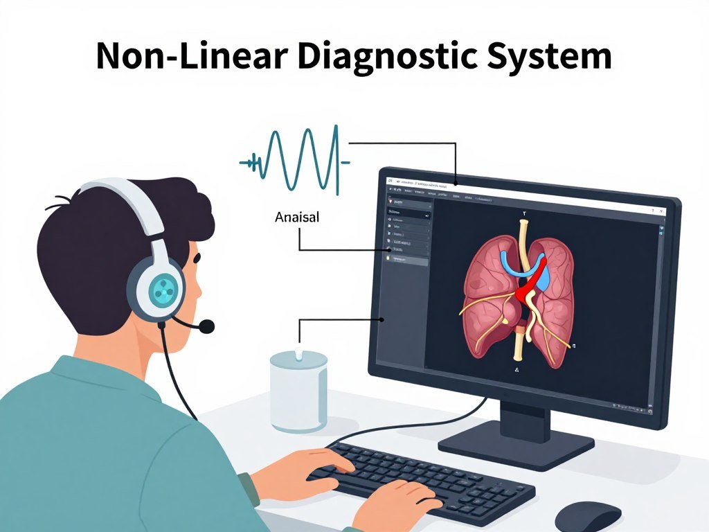Diagram showing how a Non-Linear Diagnostic System interfaces with the body through headset sensors to capture and analyze electromagnetic signals