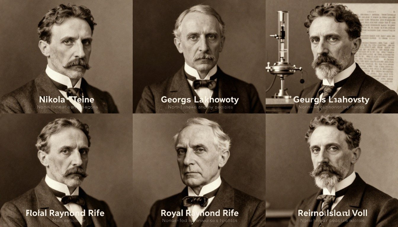 Historical pioneers of Non-Linear Analysis technology including Tesla, Lakhovsky, Rife, and Voll