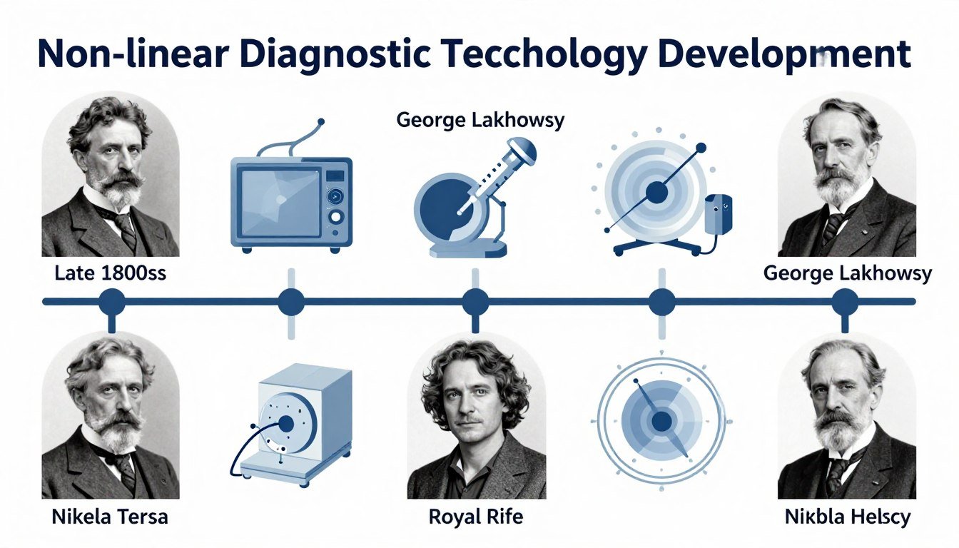 Historical timeline showing the development of Non-Linear Diagnostic technology from Tesla to modern systems
