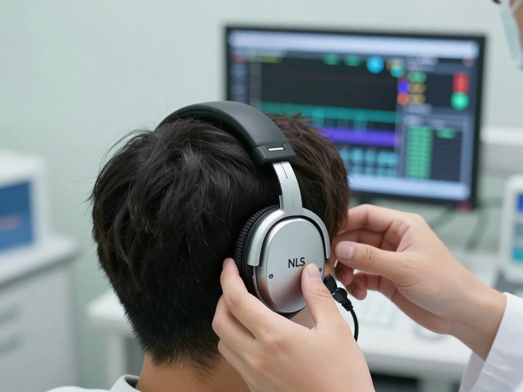 NLS diagnostic headphones being placed on a patient NLS diagnostic headphones being placed on a patient