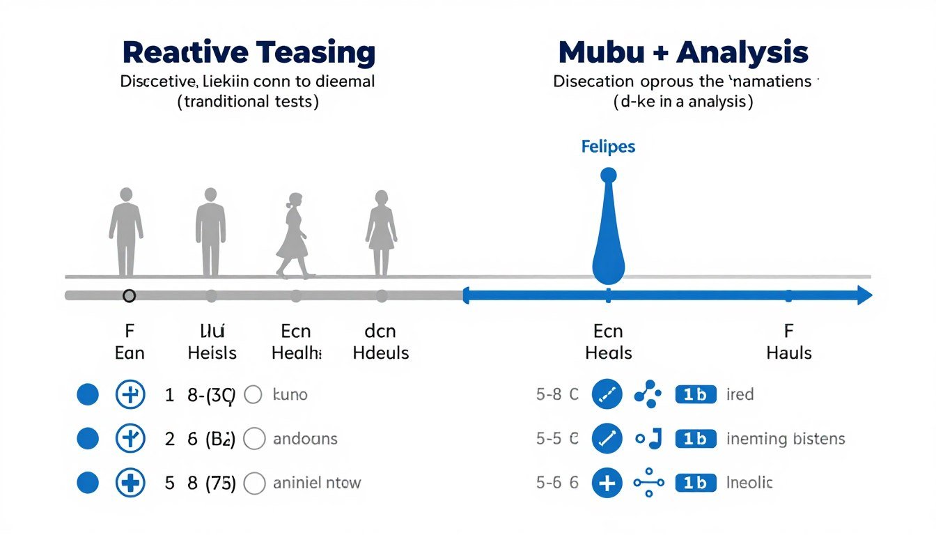 Timeline comparison showing reactive linear testing versus proactive non-linear analysis