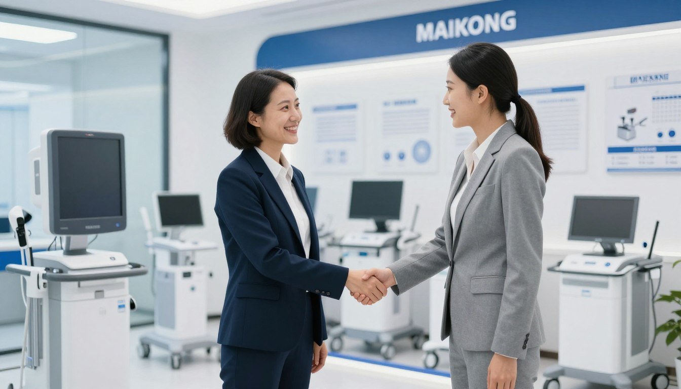 Business partners shaking hands in medical equipment showroom