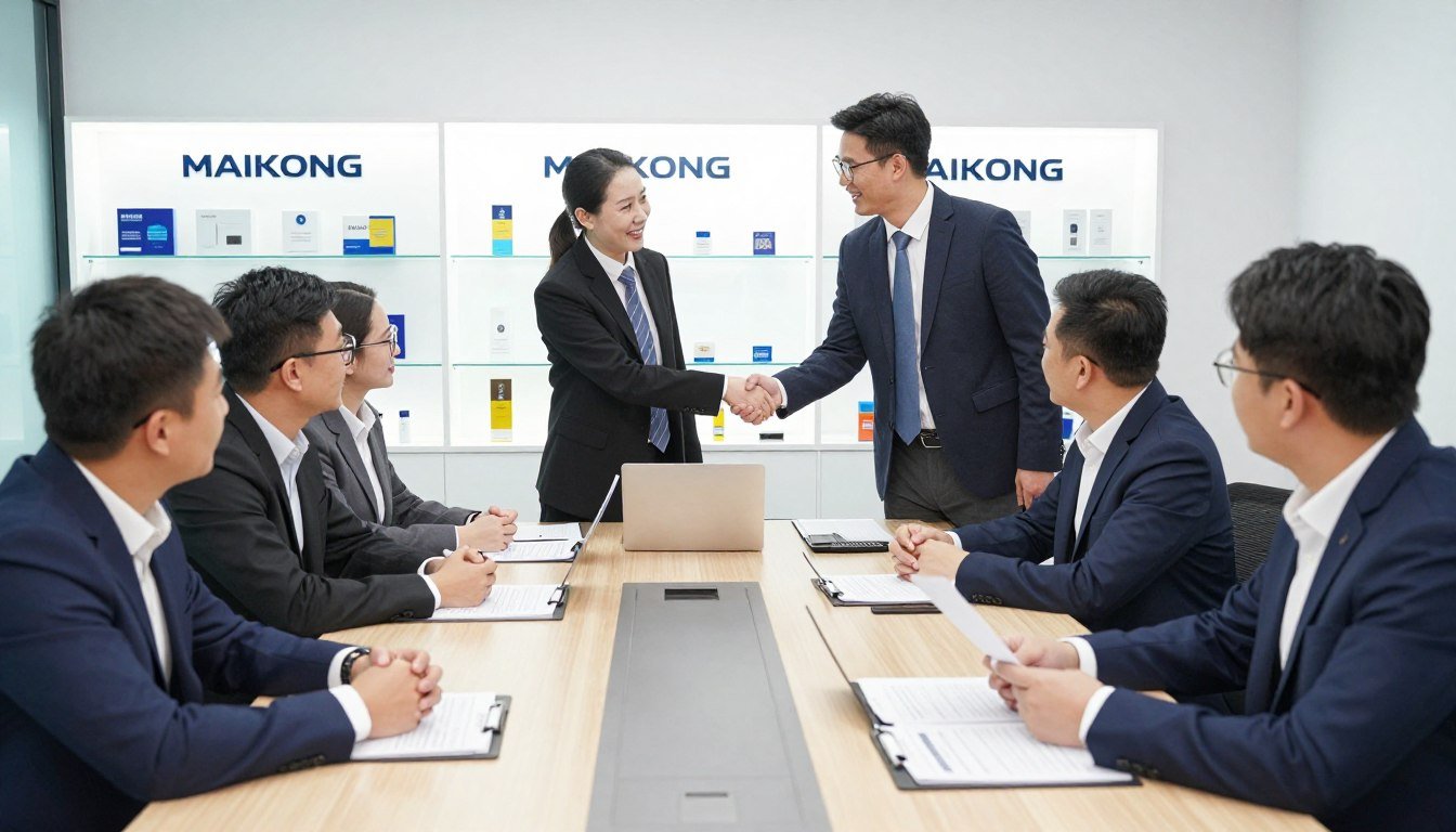 Business professionals discussing MAIKONG NLS distribution opportunities