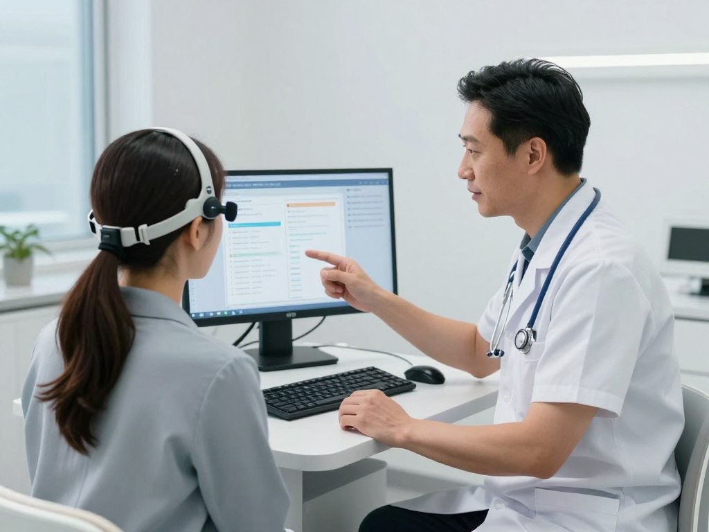 Healthcare practitioner using Non-Linear Diagnostic System with a client in a professional clinical setting