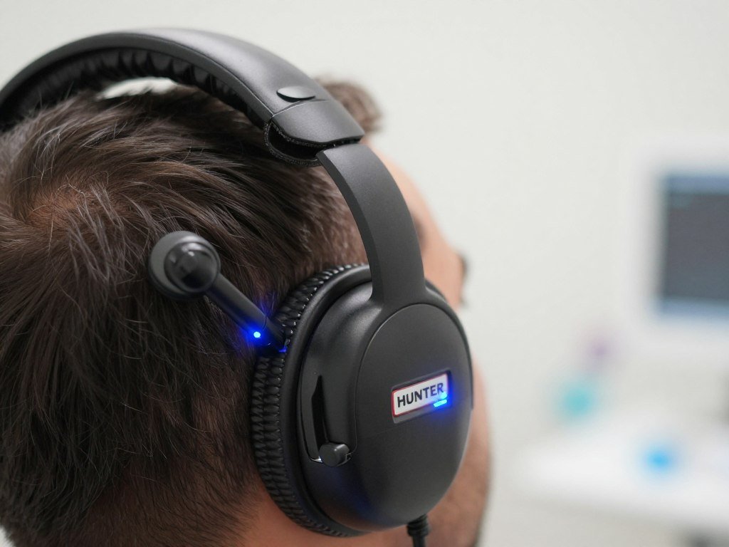 Close-up of Hunter 4025 headphone sensor during active scanning session showing blue LED indicators