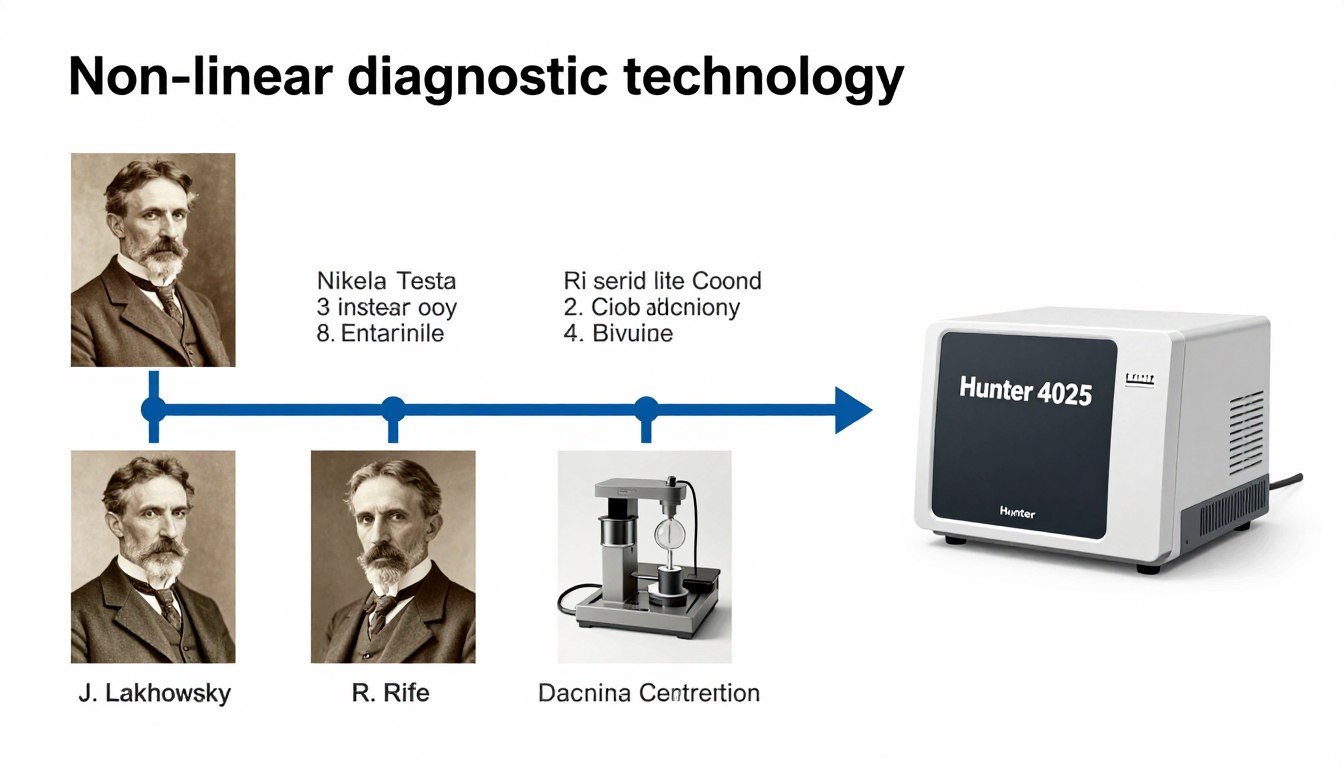 Historical timeline showing evolution of non-linear diagnostic technology from Tesla to modern Hunter 4025