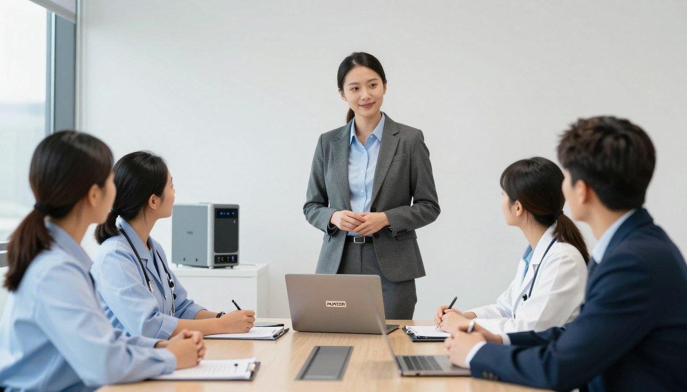 Successful MAIKONG distributor meeting with healthcare clients showcasing Hunter 4025 systems