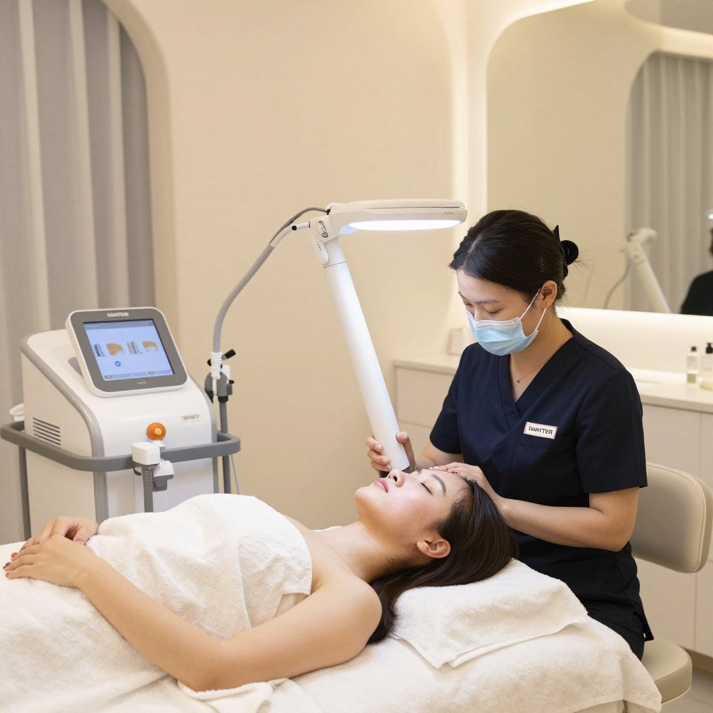 Beauty salon professional using Hunter 4025 for skin analysis