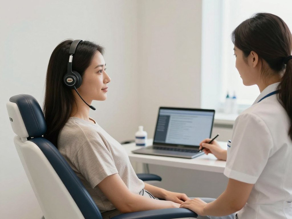 Patient wearing Hunter 4025 headset sensor during diagnostic scan session