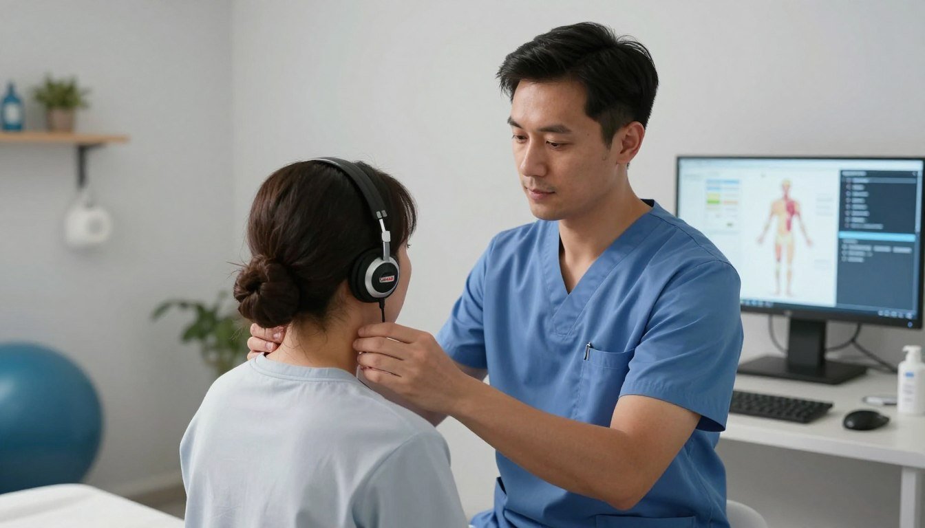 Rehabilitation therapist conducting Hunter 4025 body system analysis