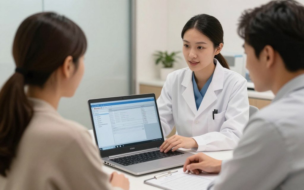 Wellness practitioner showing Hunter 4025 results to patient on screen