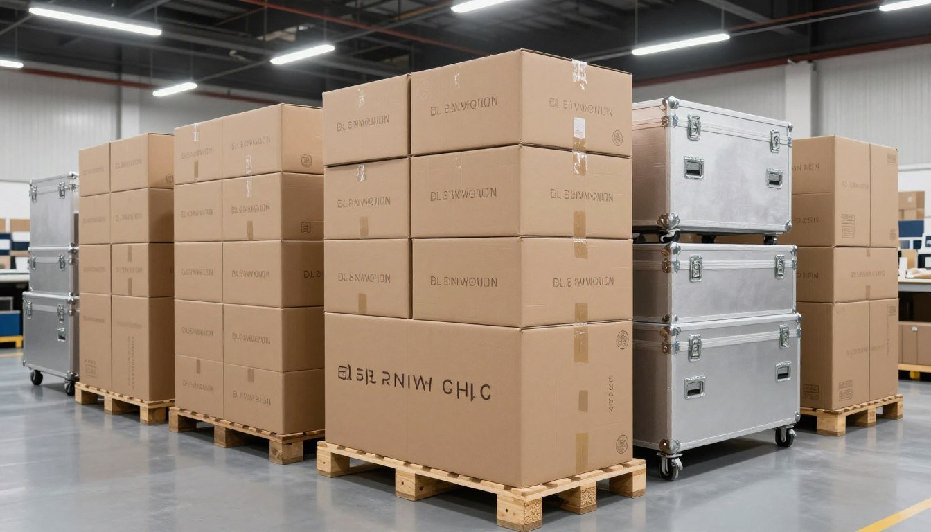 A commercial shipping warehouse showing neatly stacked boxed equipment ready for courier export