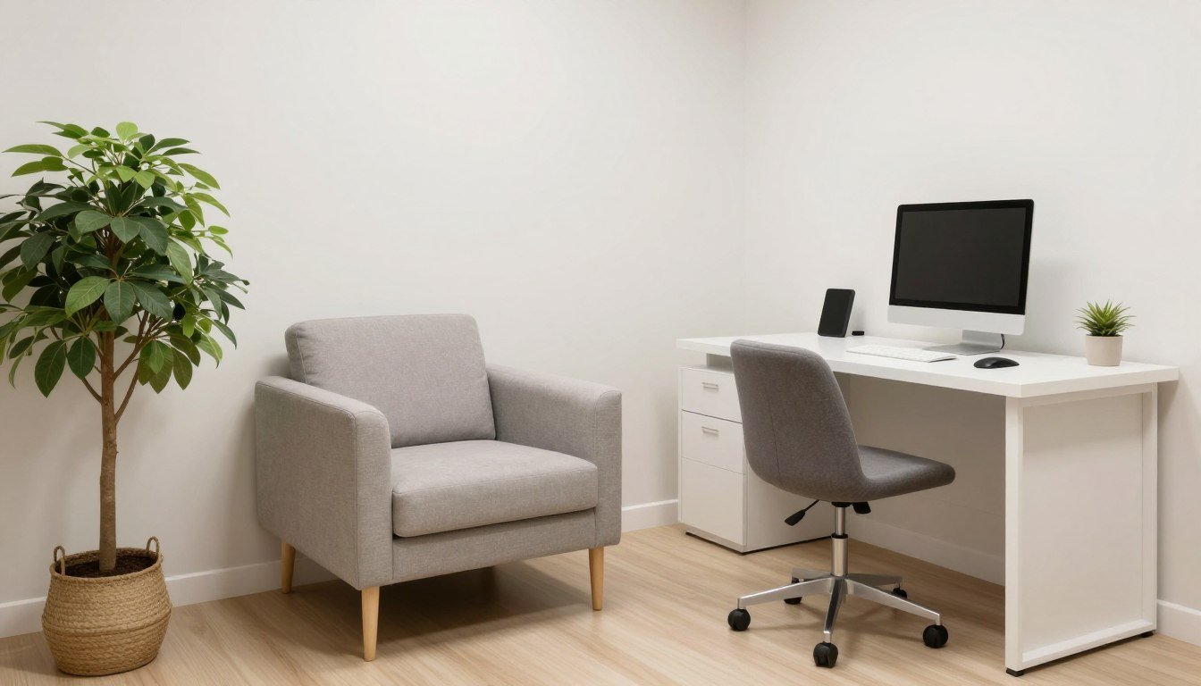 A professional consultation room with comfortable seating and an evaluation desk A professional consultation room with comfortable seating and an evaluation desk