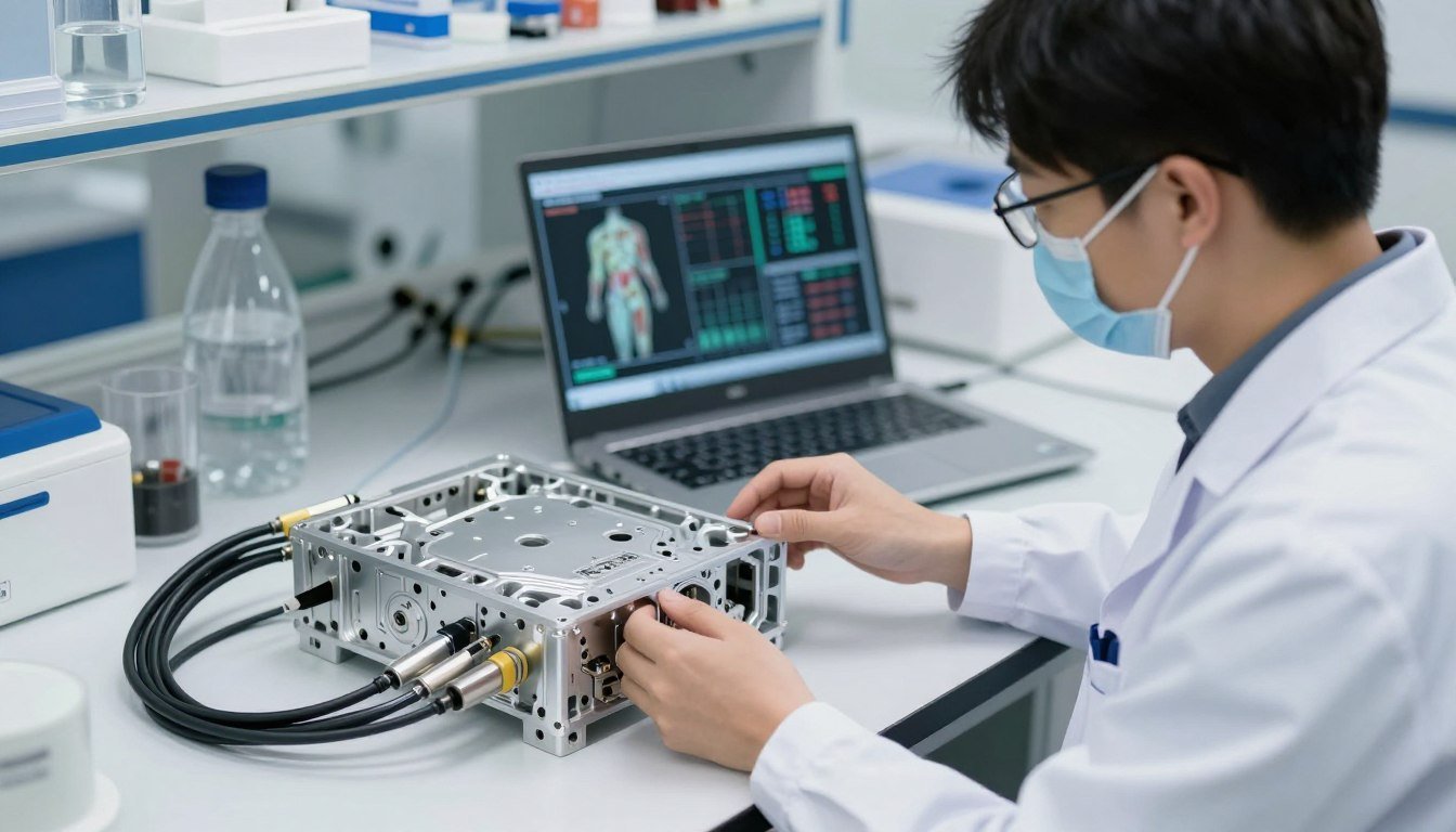 A technician reviewing hardware cables and bioresonance control interfaces A technician reviewing hardware cables and bioresonance control interfaces