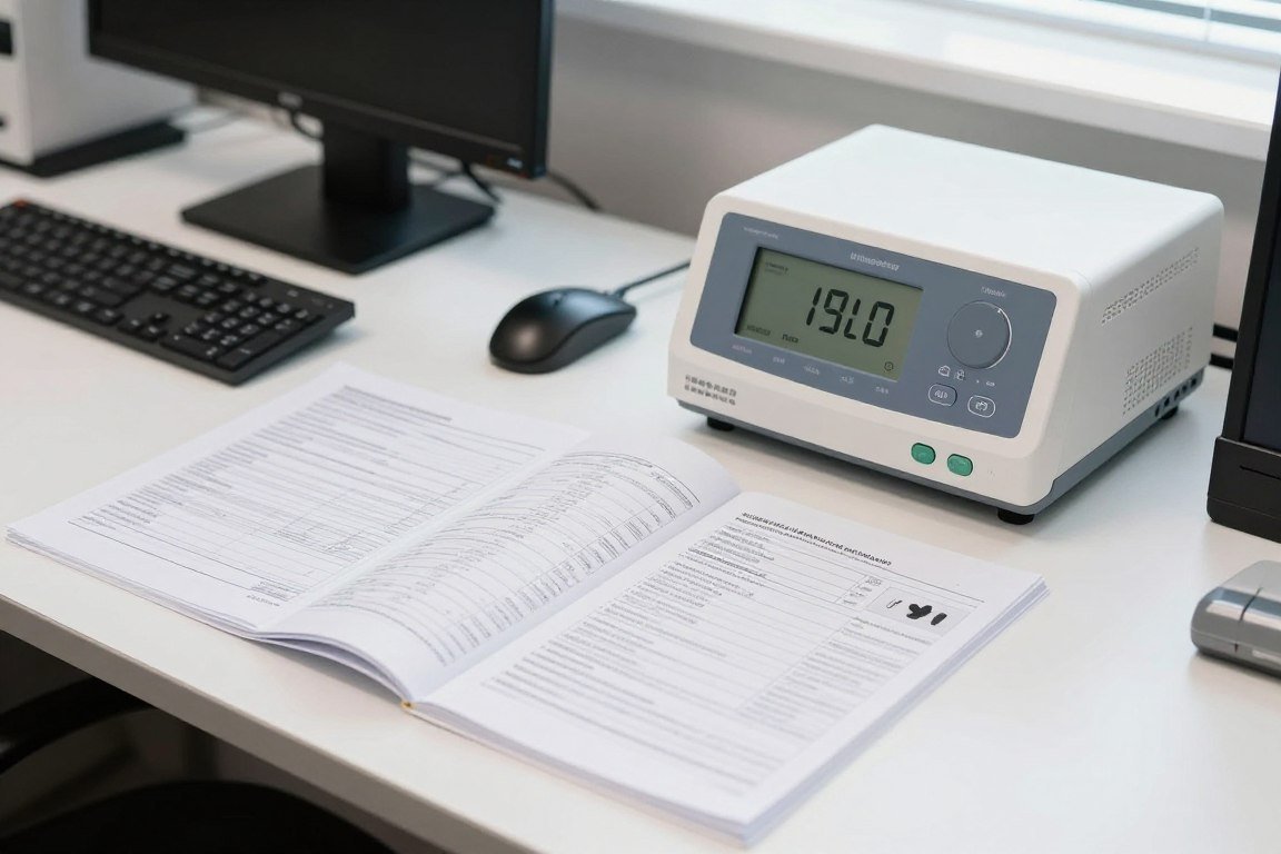 A technician reviewing hardware documentation at an office workspace
