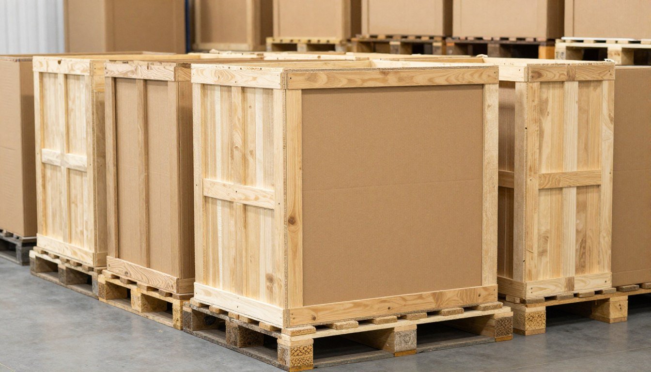 Cardboard cartons and wooden crates prepared for global freight export Cardboard cartons and wooden crates prepared for global freight export