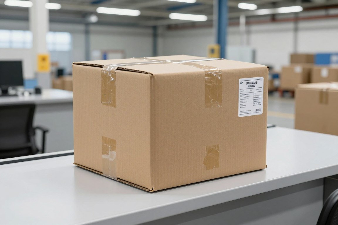 Commercial shipping parcel in an international cargo logistics facility