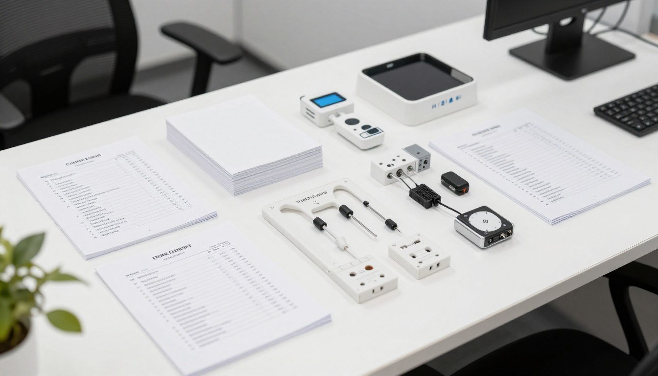 Documentation and technical manuals placed alongside testing components Documentation and technical manuals placed alongside testing components