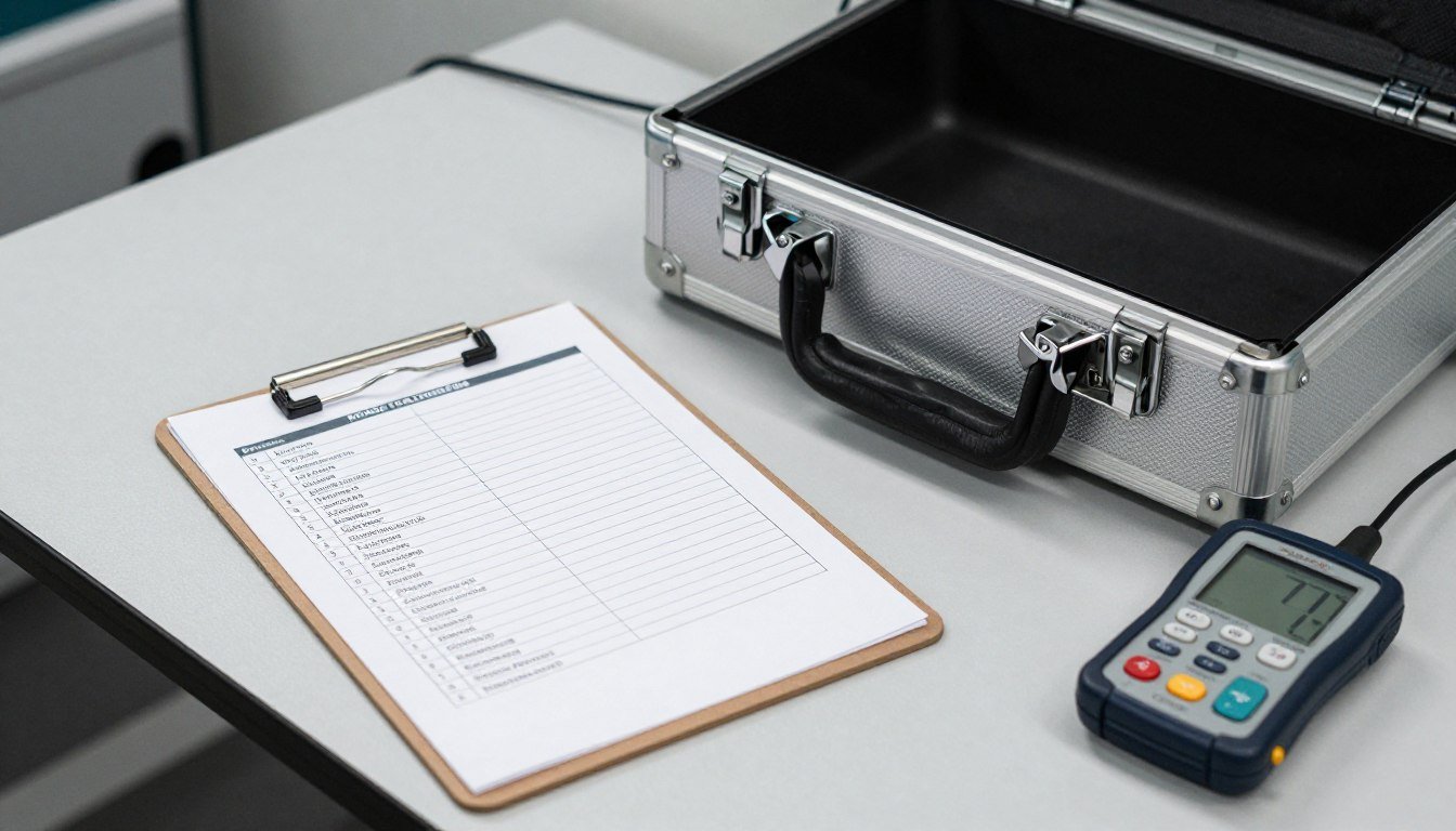 Inspection checklist clipboard resting on an equipment packaging container Inspection checklist clipboard resting on an equipment packaging container